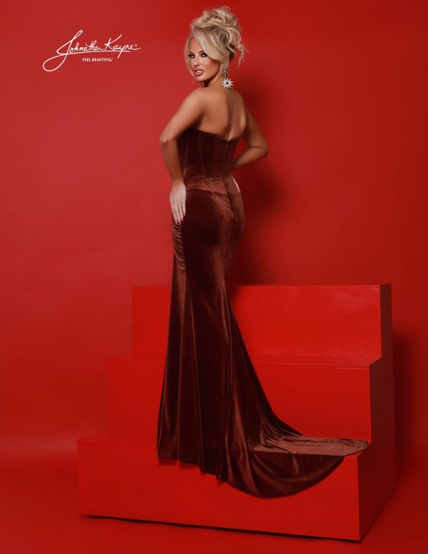 Back view of mocha velvet strapless gown with long train, ideal for pageant stage wear, red carpet, galas, and formals.